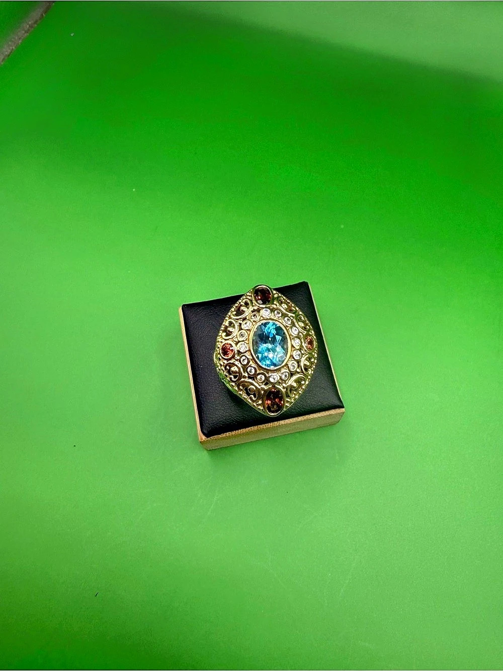 925 Sterling Silver Blue Topaz Mandarin Citrine & White Zircon Ring Size 10.